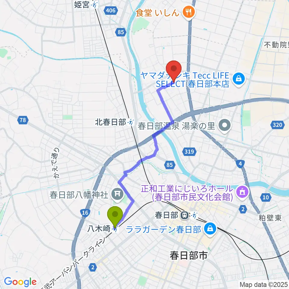 八木崎駅からサトウ楽器へのルートマップ地図