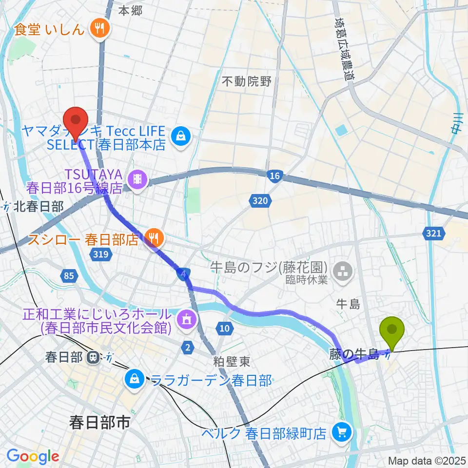 藤の牛島駅からサトウ楽器へのルートマップ地図