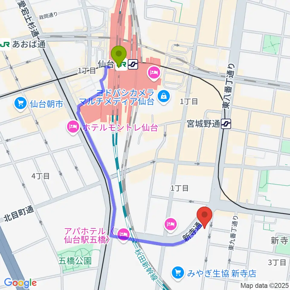 仙台駅からミュージックランド音楽教室へのルートマップ地図