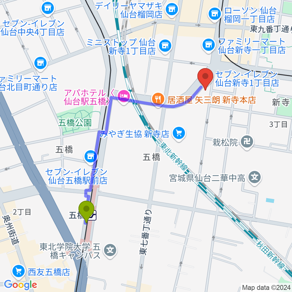 五橋駅からミュージックランド音楽教室へのルートマップ地図