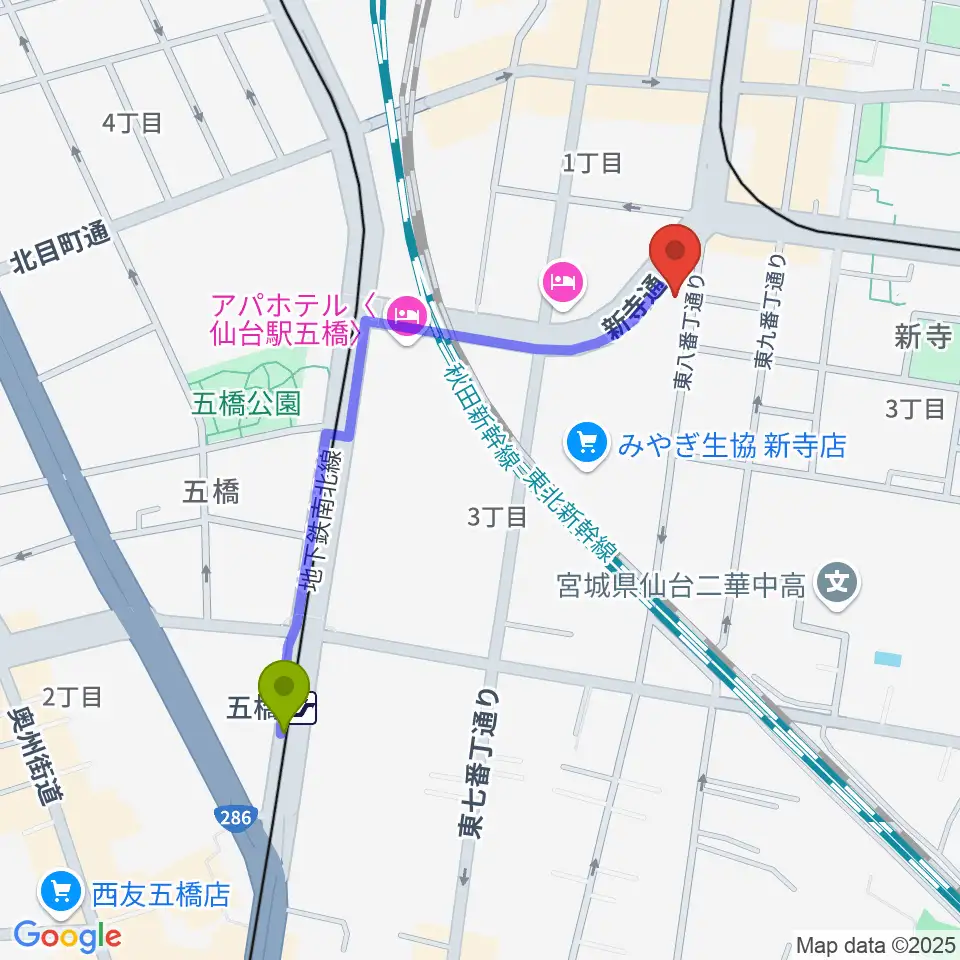 五橋駅からミュージックランド音楽教室へのルートマップ地図