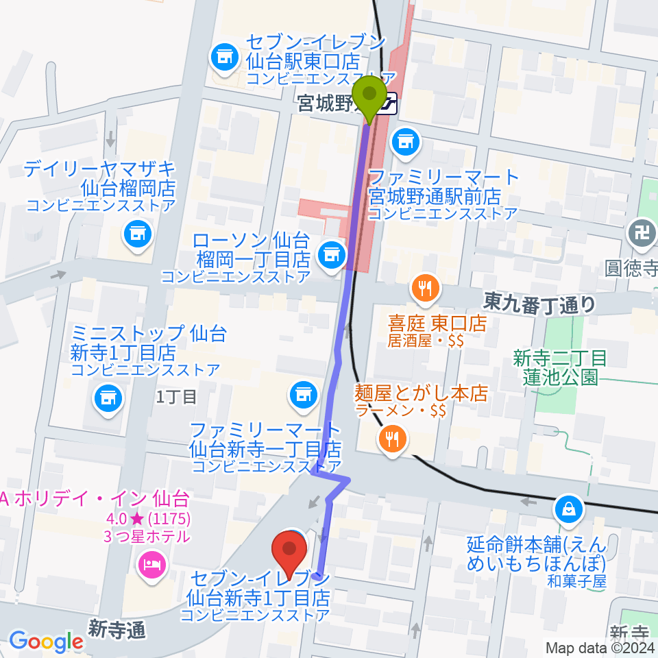 ミュージックランド音楽教室の最寄駅宮城野通駅からの徒歩ルート（約5分）地図