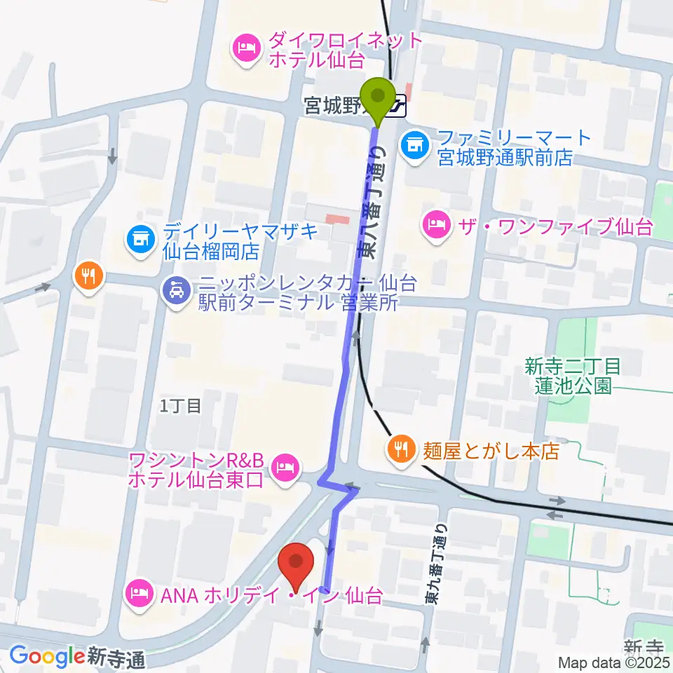 ミュージックランド音楽教室の最寄駅宮城野通駅からの徒歩ルート（約5分）地図