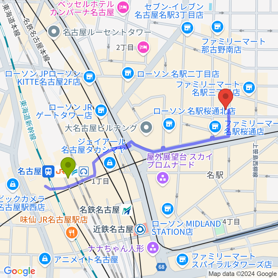 名古屋駅からクラブナージ音楽教室 名古屋駅前教室へのルートマップ地図