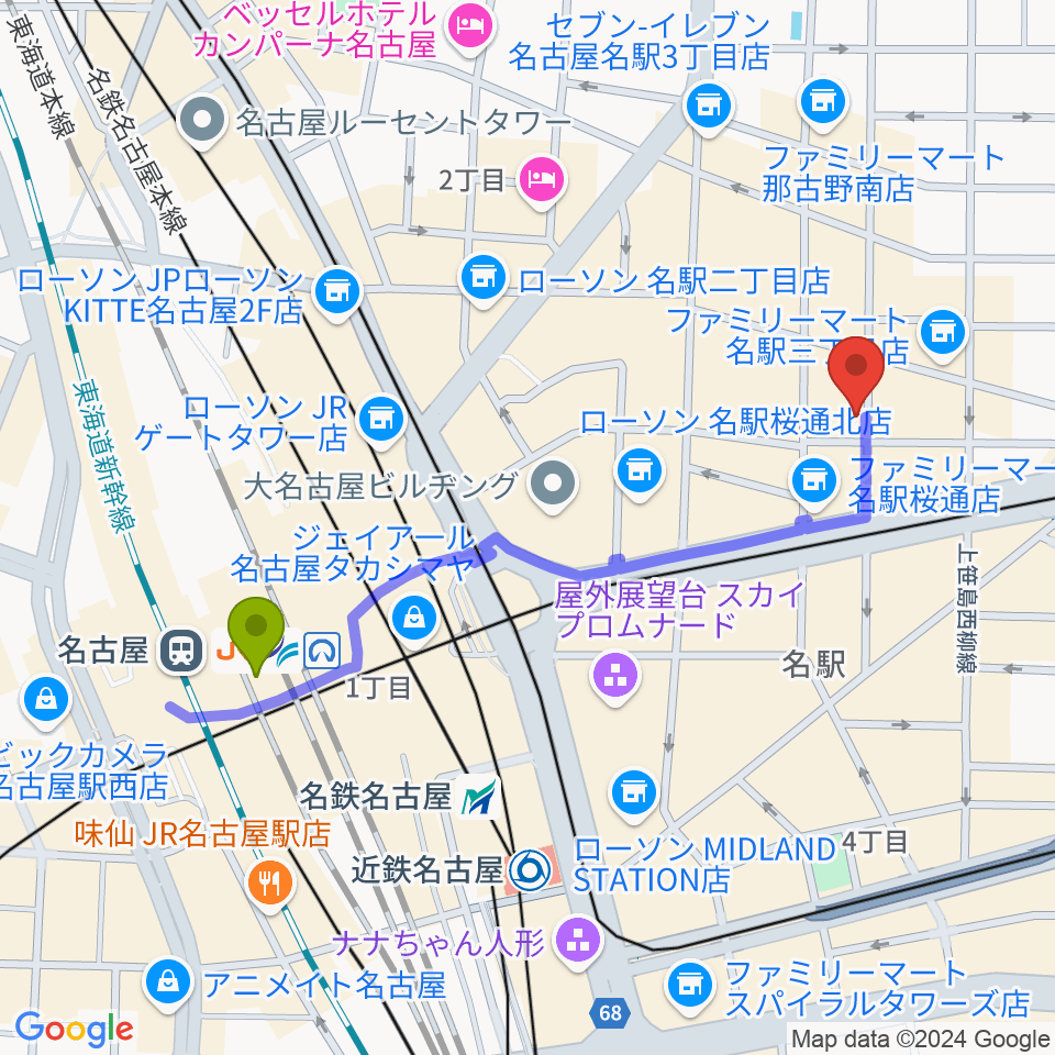 名古屋駅からクラブナージ音楽教室 名古屋駅前教室へのルートマップ地図