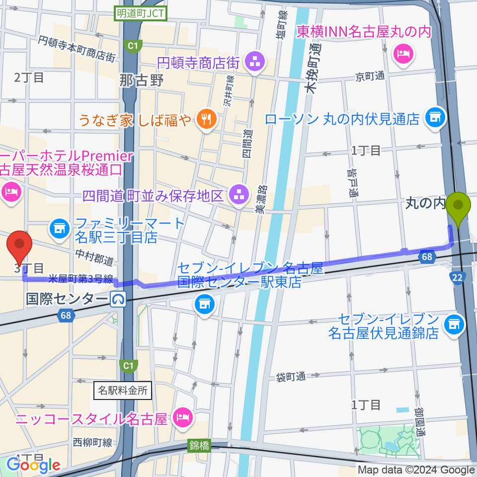 丸の内駅からクラブナージ音楽教室 名古屋駅前教室へのルートマップ地図