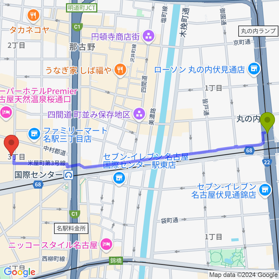 丸の内駅からクラブナージ音楽教室 名古屋駅前教室へのルートマップ地図