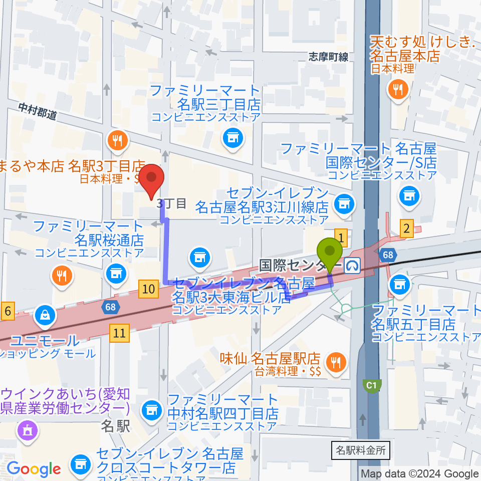 クラブナージ音楽教室 名古屋駅前教室の最寄駅国際センター駅からの徒歩ルート（約3分）地図