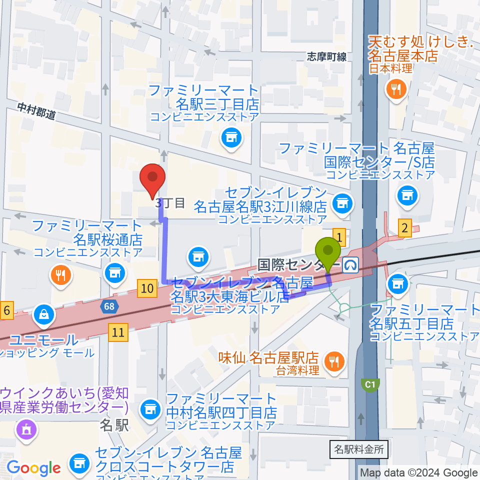 クラブナージ音楽教室 名古屋駅前教室の最寄駅国際センター駅からの徒歩ルート（約3分）地図