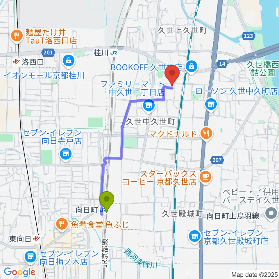 向日町駅から桂川スタジオワールドへのルートマップ地図