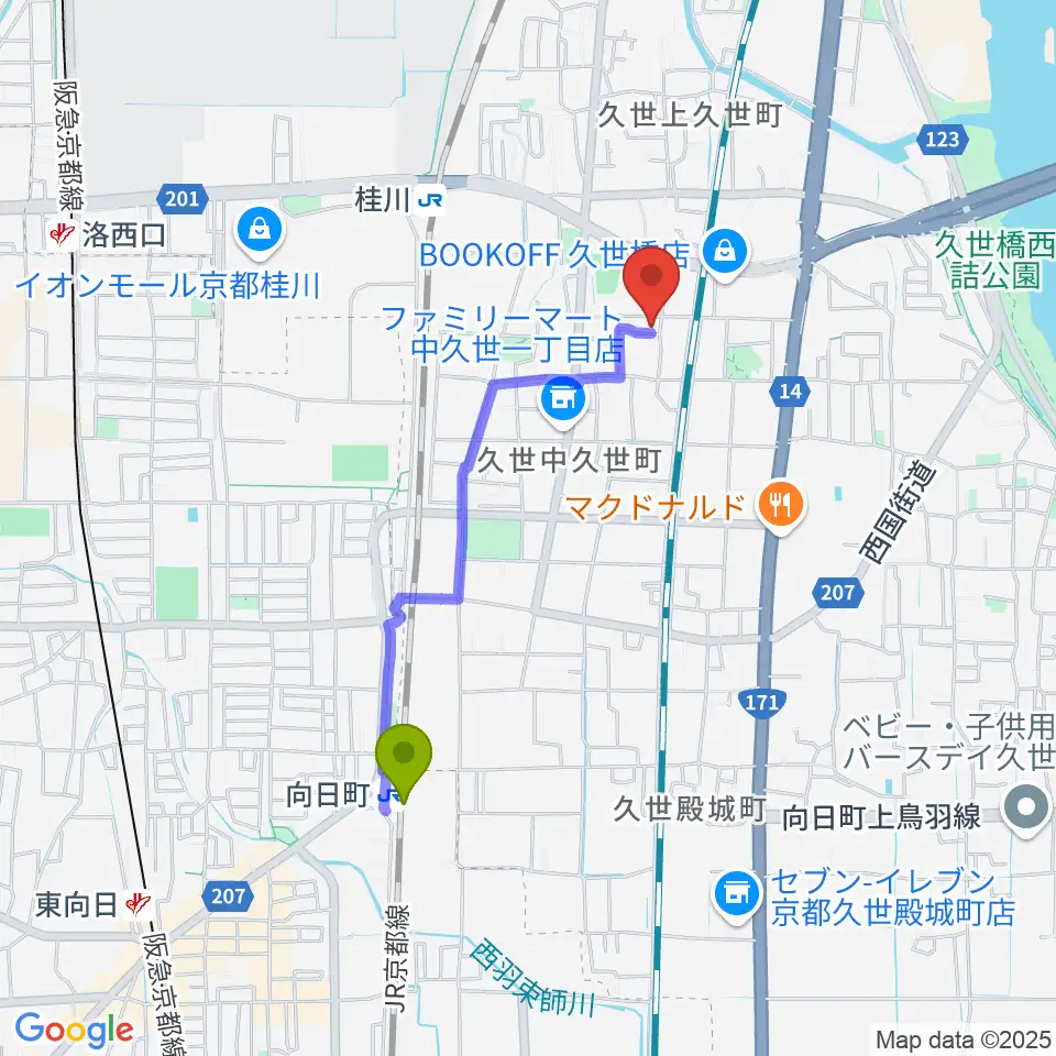 向日町駅から桂川スタジオワールドへのルートマップ地図