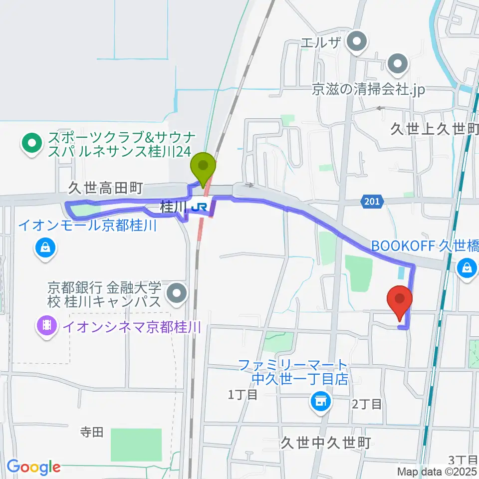 桂川スタジオワールドの最寄駅桂川駅からの徒歩ルート（約8分）地図