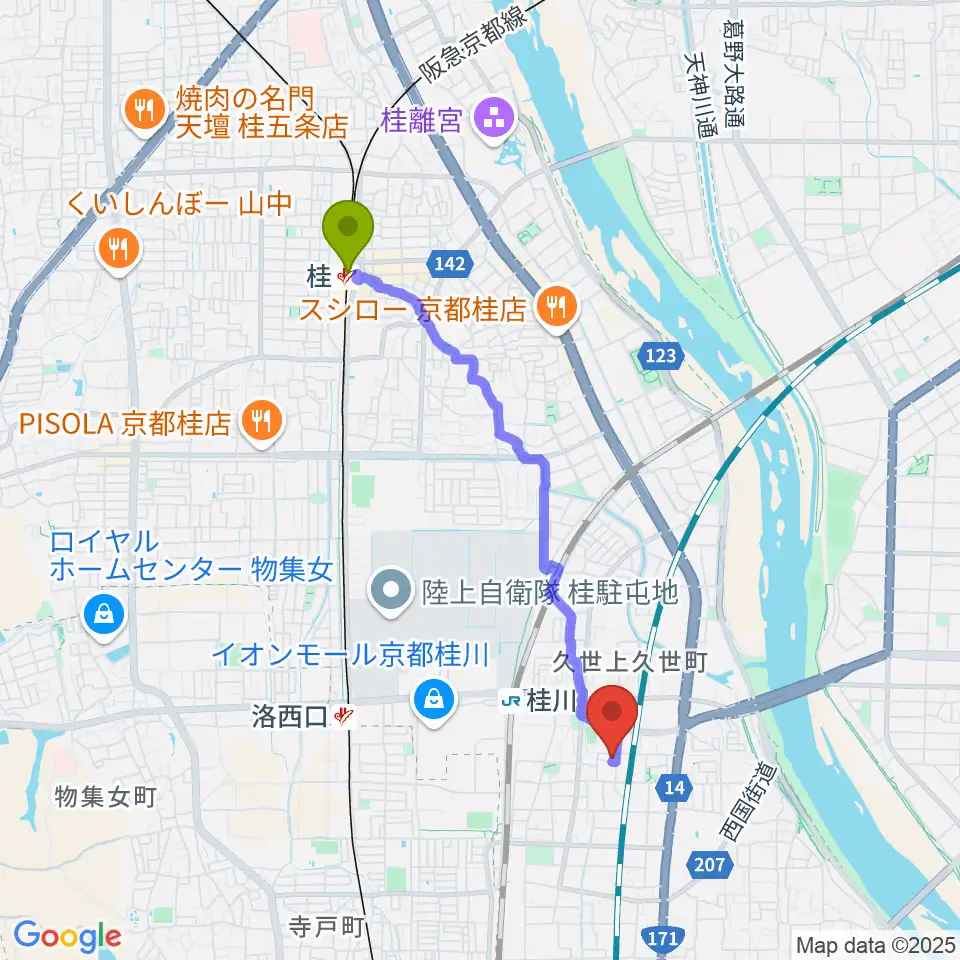 桂駅から桂川スタジオワールドへのルートマップ地図