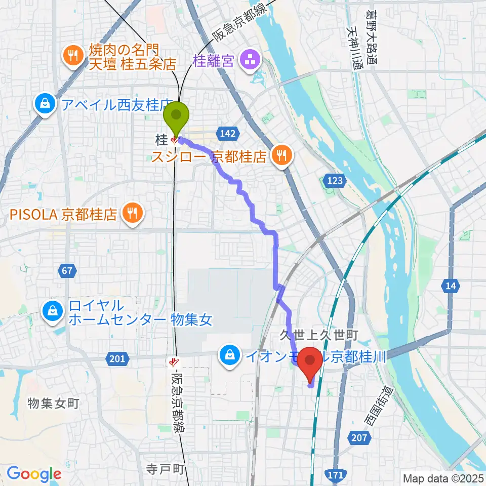 桂駅から桂川スタジオワールドへのルートマップ地図