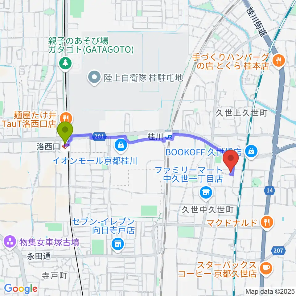 洛西口駅から桂川スタジオワールドへのルートマップ地図