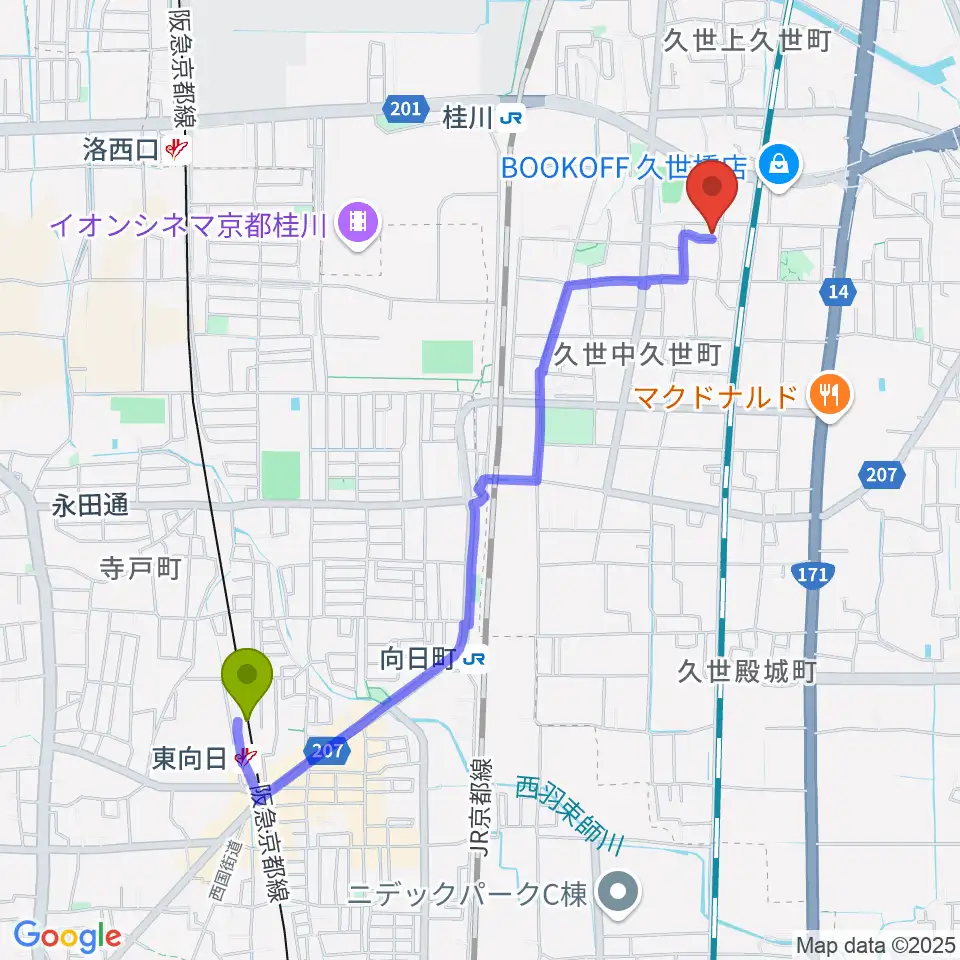 東向日駅から桂川スタジオワールドへのルートマップ地図
