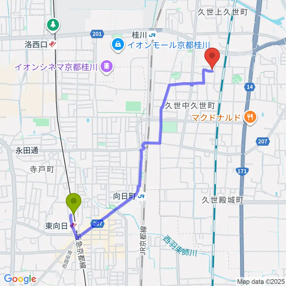 東向日駅から桂川スタジオワールドへのルートマップ地図