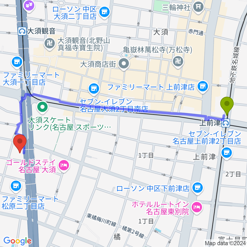 上前津駅からBLstudio30西大須へのルートマップ地図