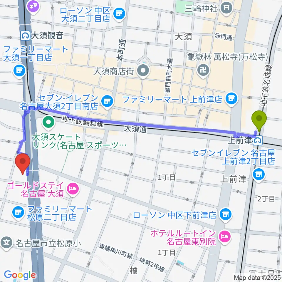 上前津駅からBLstudio30西大須へのルートマップ地図