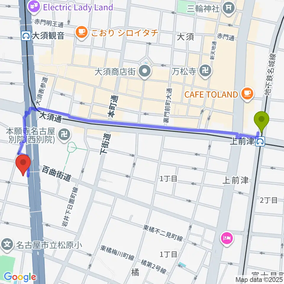 上前津駅からBLstudio30西大須へのルートマップ地図