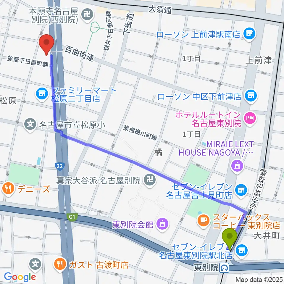 東別院駅からBLstudio30西大須へのルートマップ地図