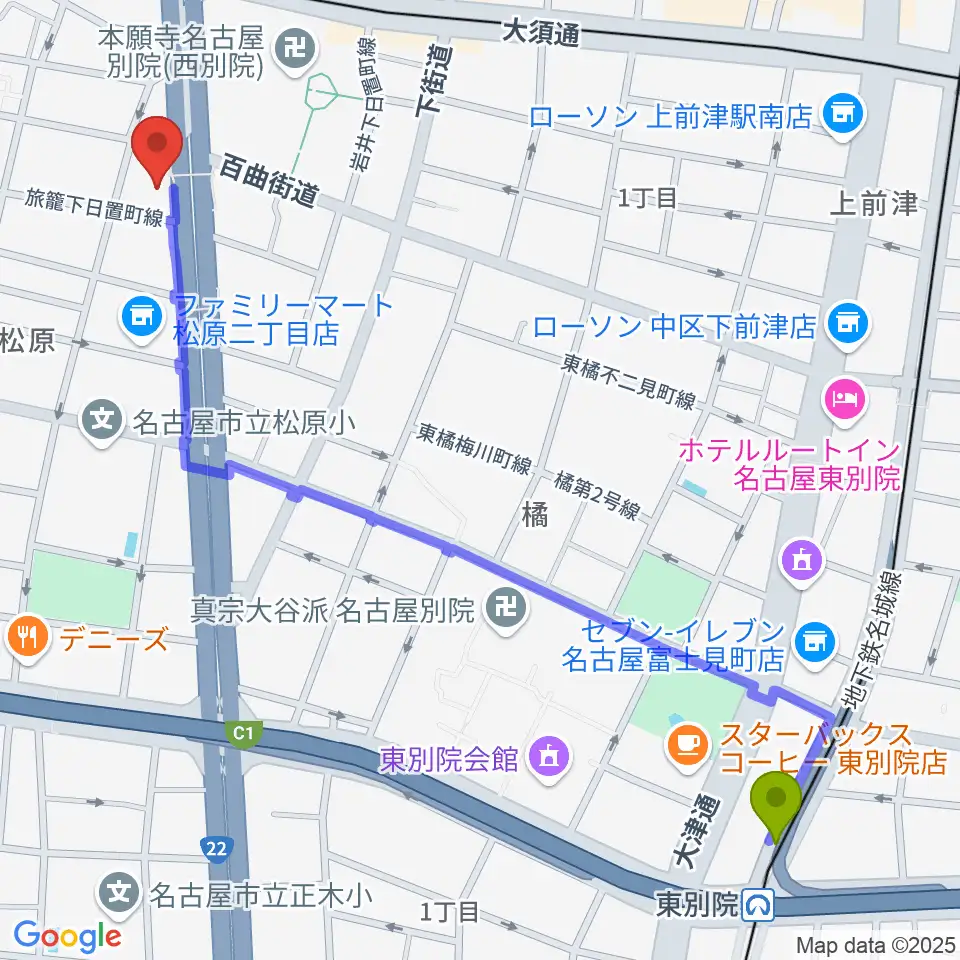 東別院駅からBLstudio30西大須へのルートマップ地図