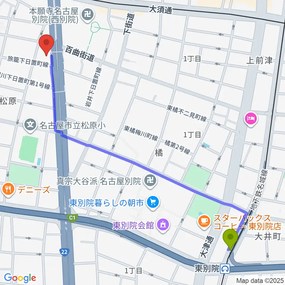 東別院駅からBLstudio30西大須へのルートマップ地図
