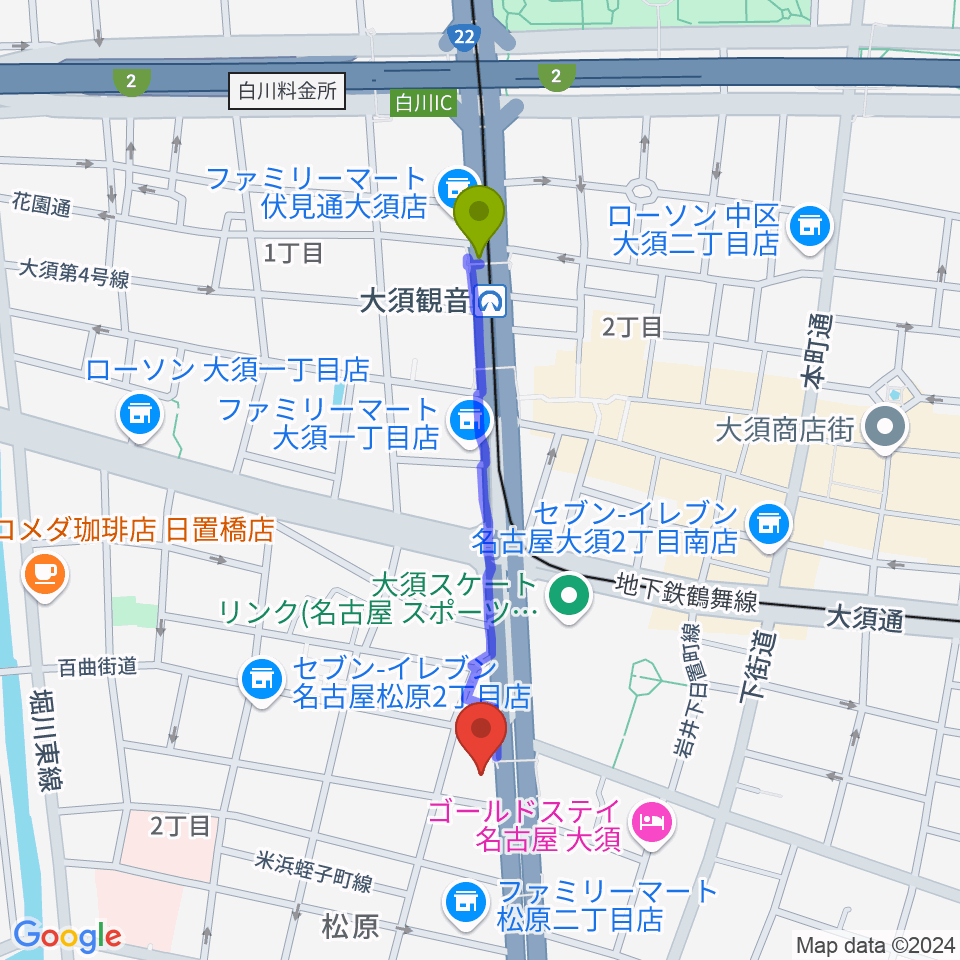 BLstudio30西大須の最寄駅大須観音駅からの徒歩ルート（約8分）地図