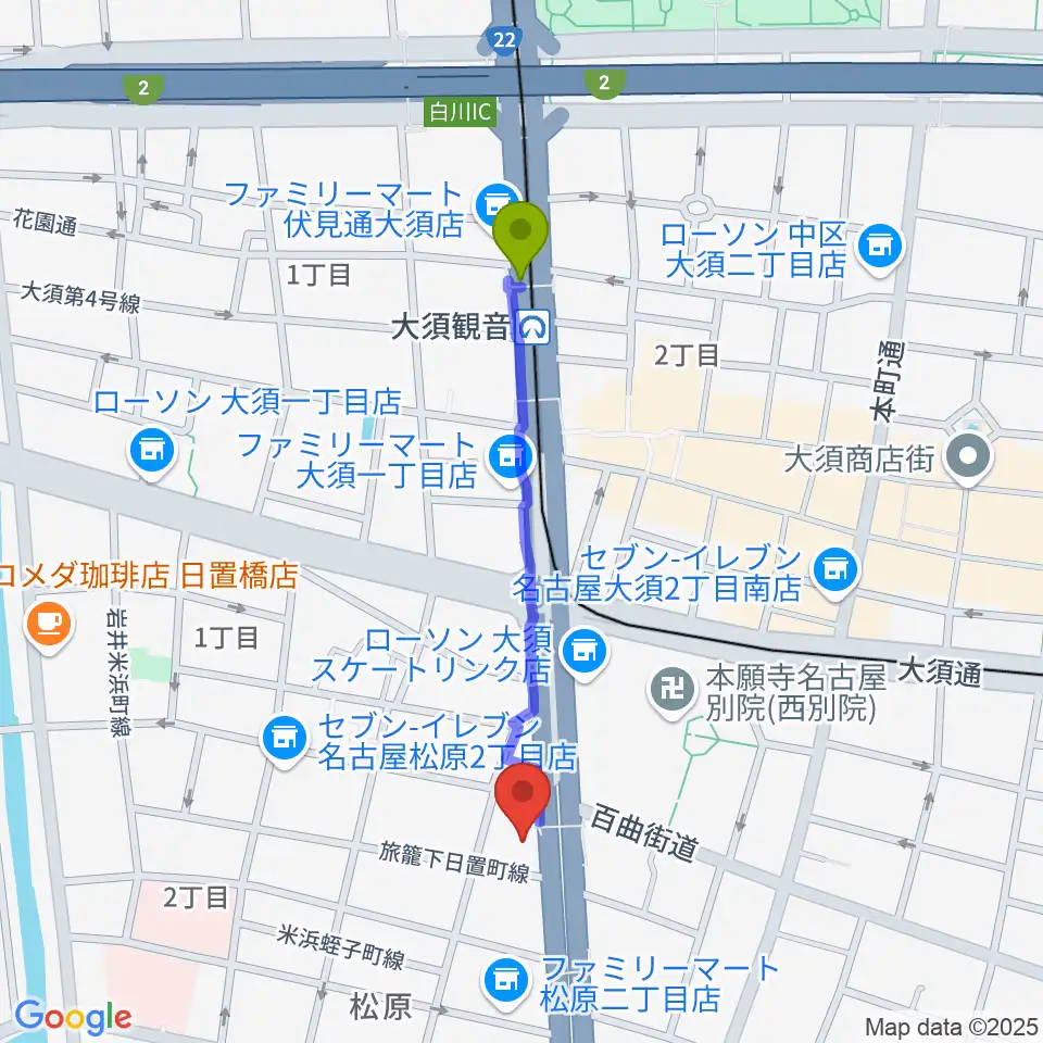 BLstudio30西大須の最寄駅大須観音駅からの徒歩ルート（約8分）地図