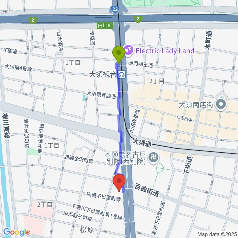 BLstudio30西大須の最寄駅大須観音駅からの徒歩ルート（約8分）地図