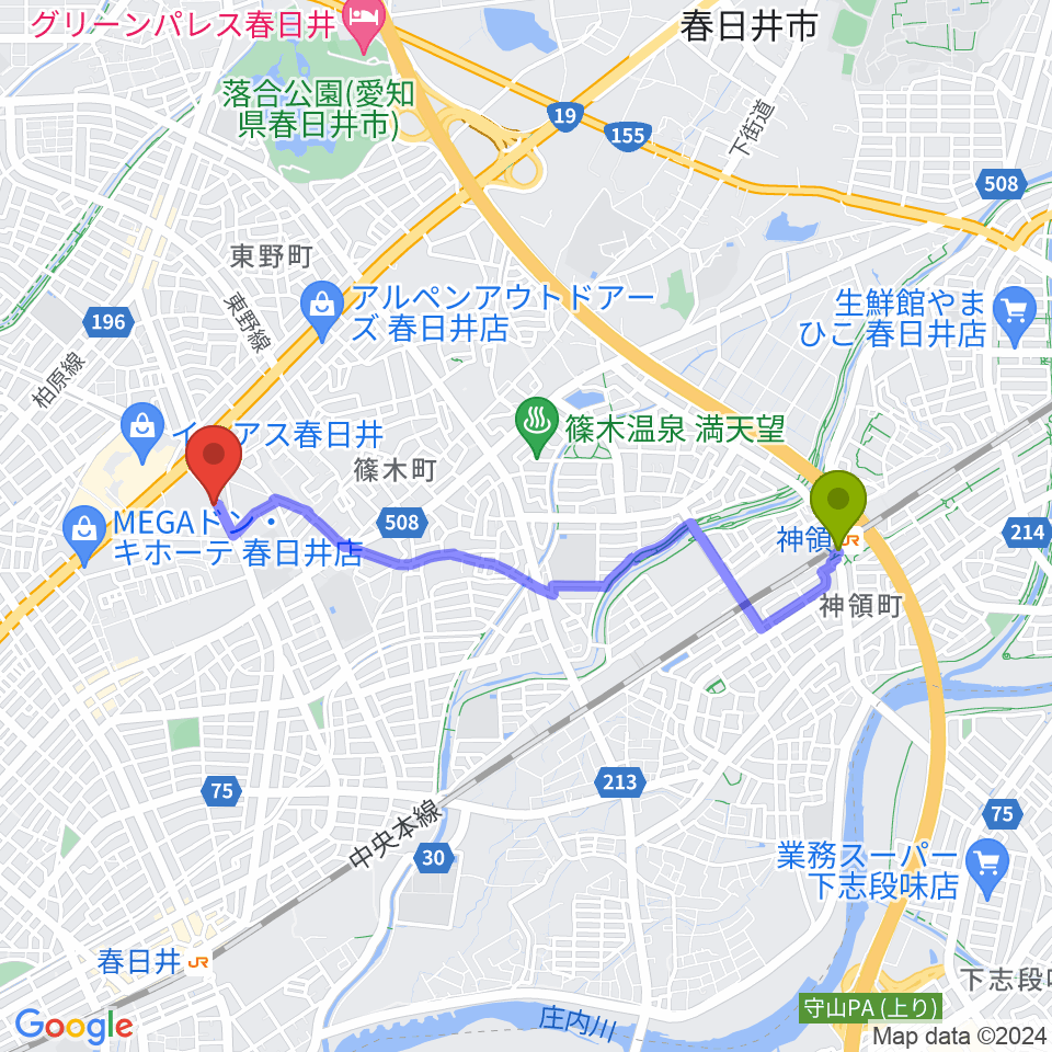 神領駅からBLスタジオ 春日井店へのルートマップ地図