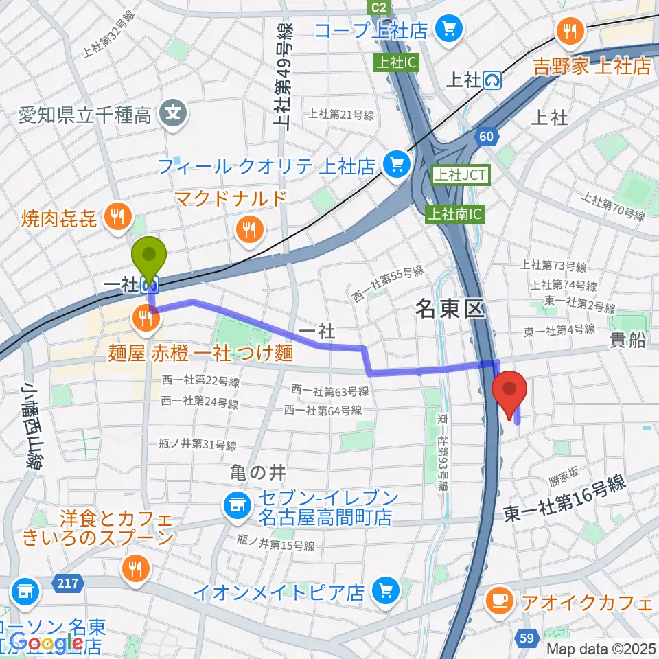 一社駅からBlueMonkeyスタジオへのルートマップ地図