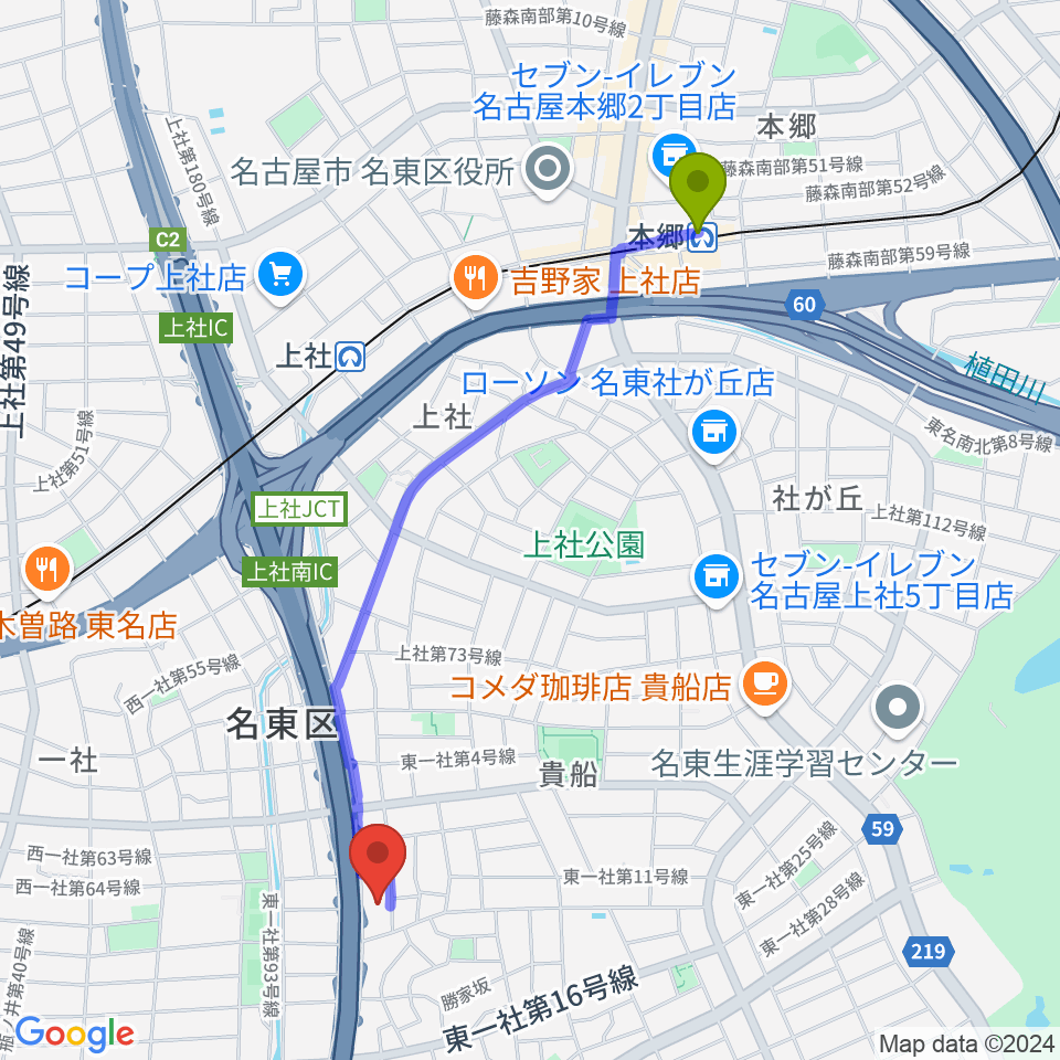 本郷駅からBlueMonkeyスタジオへのルートマップ地図