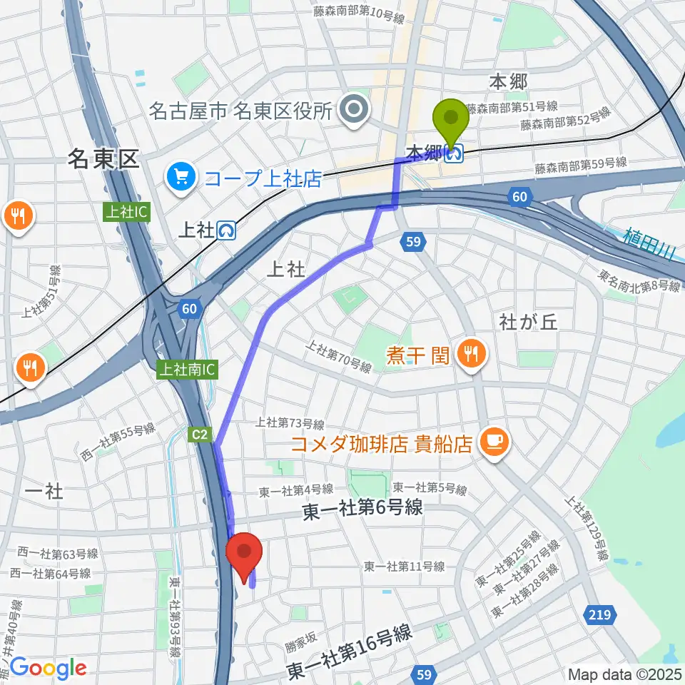 本郷駅からBlueMonkeyスタジオへのルートマップ地図