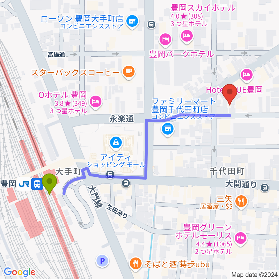 ようこピアノ教室の最寄駅豊岡駅からの徒歩ルート（約6分）地図