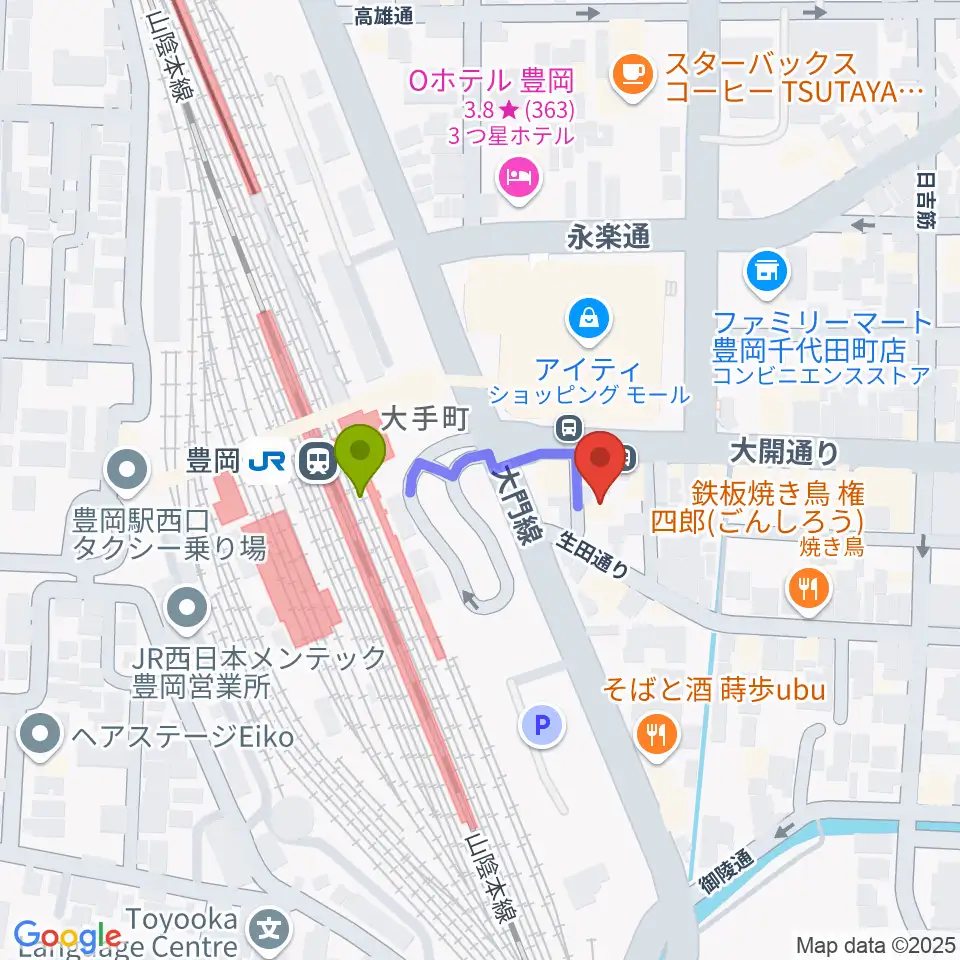 ビート楽器 音楽教室の最寄駅豊岡駅からの徒歩ルート（約2分）地図