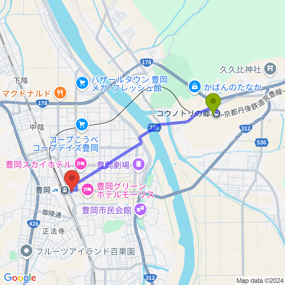 コウノトリの郷駅から（株）ビート楽器 音楽教室へのルートマップ地図