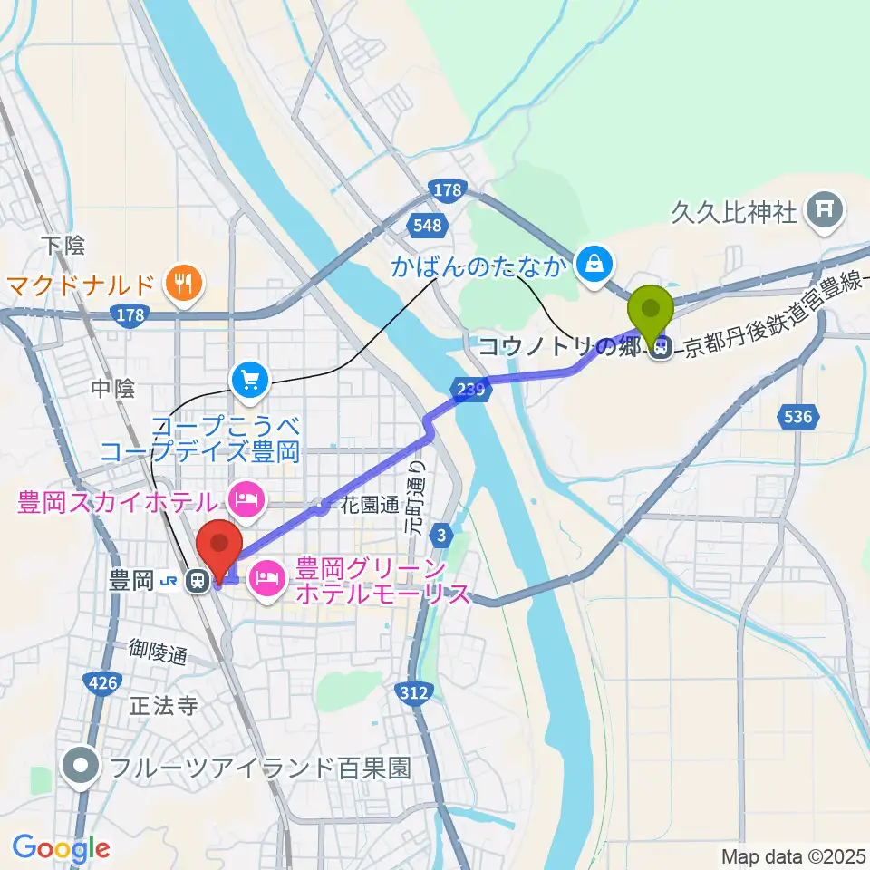 コウノトリの郷駅から（株）ビート楽器 音楽教室へのルートマップ地図