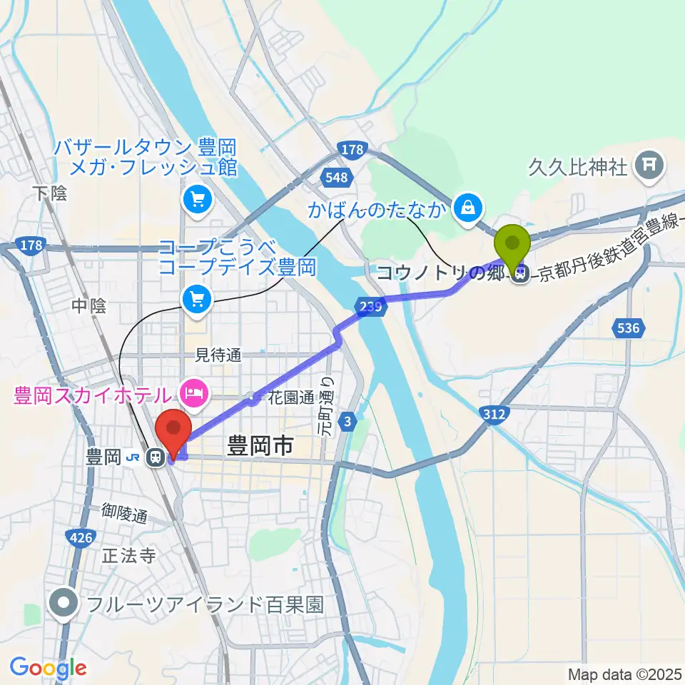 コウノトリの郷駅からビート楽器 音楽教室へのルートマップ地図