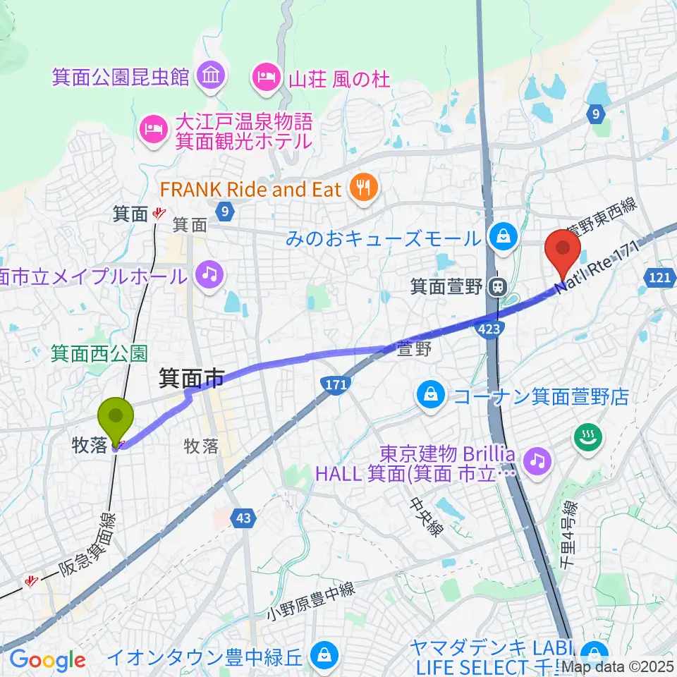 牧落駅からファゴットリード工房えんとつへのルートマップ地図