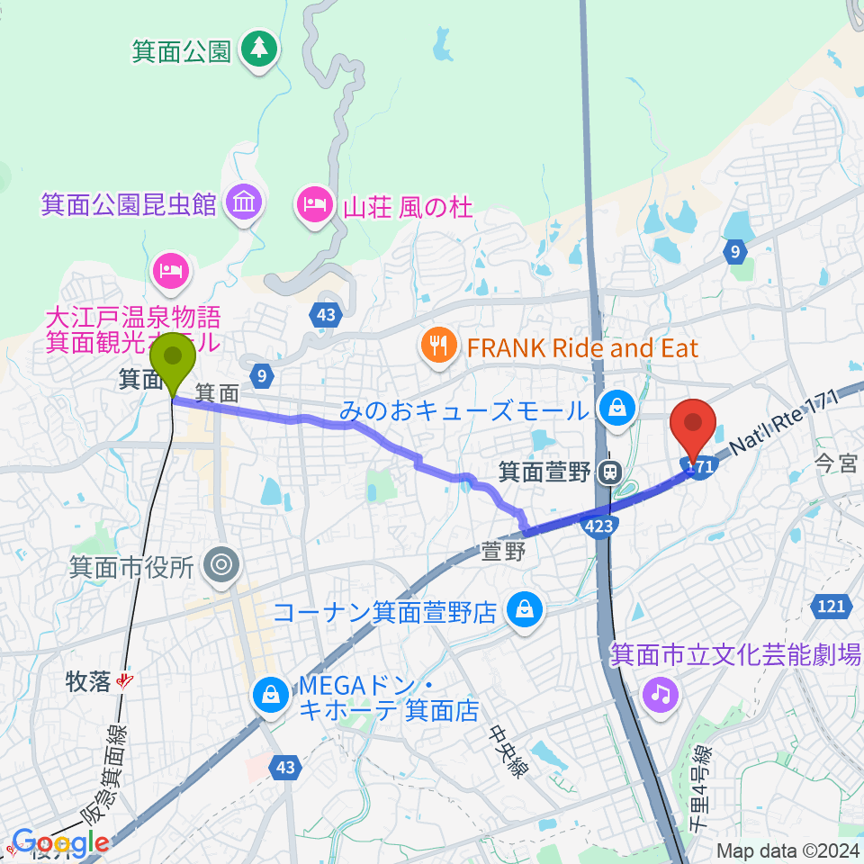 箕面駅からファゴットリード工房えんとつへのルートマップ地図