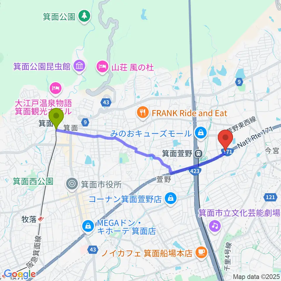 箕面駅からファゴットリード工房えんとつへのルートマップ地図