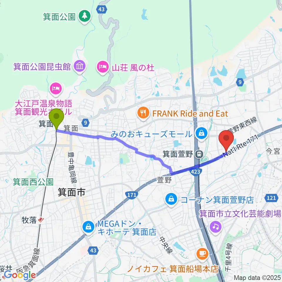 箕面駅からファゴットリード工房えんとつへのルートマップ地図