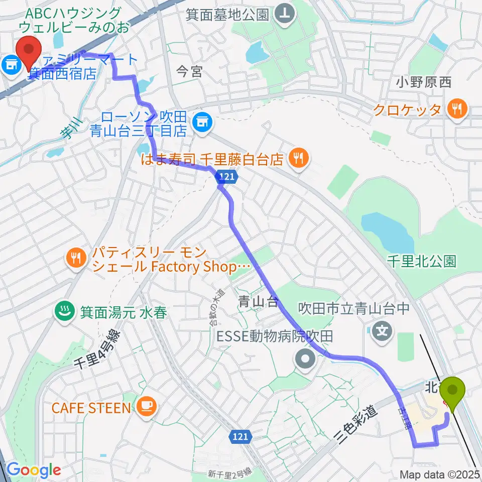 ファゴットリード工房えんとつの最寄駅北千里駅からの徒歩ルート（約35分）地図