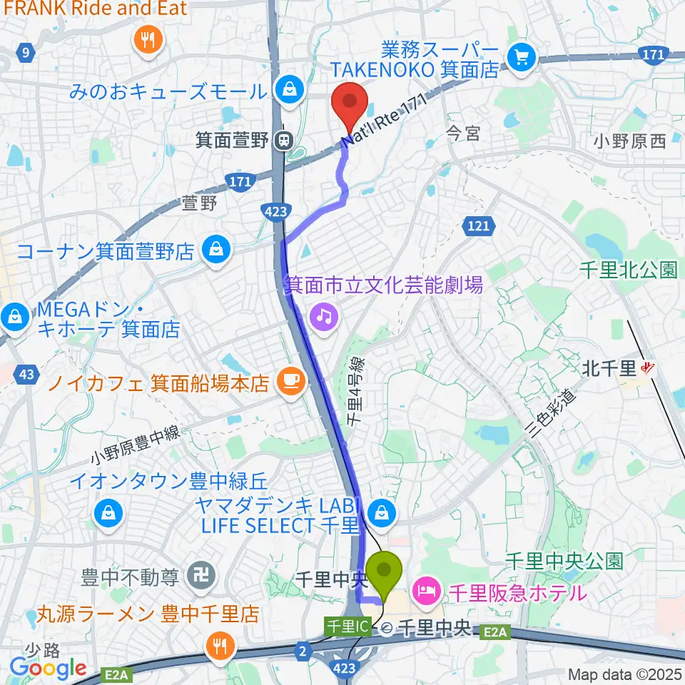 千里中央駅からファゴットリード工房えんとつへのルートマップ地図