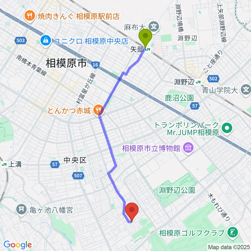 矢部駅からあらうみ音楽教室へのルートマップ地図