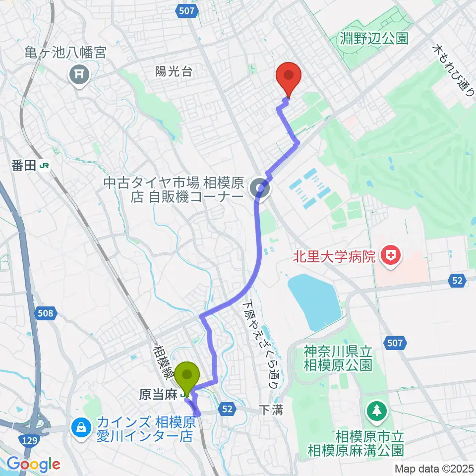 原当麻駅からあらうみ音楽教室へのルートマップ地図