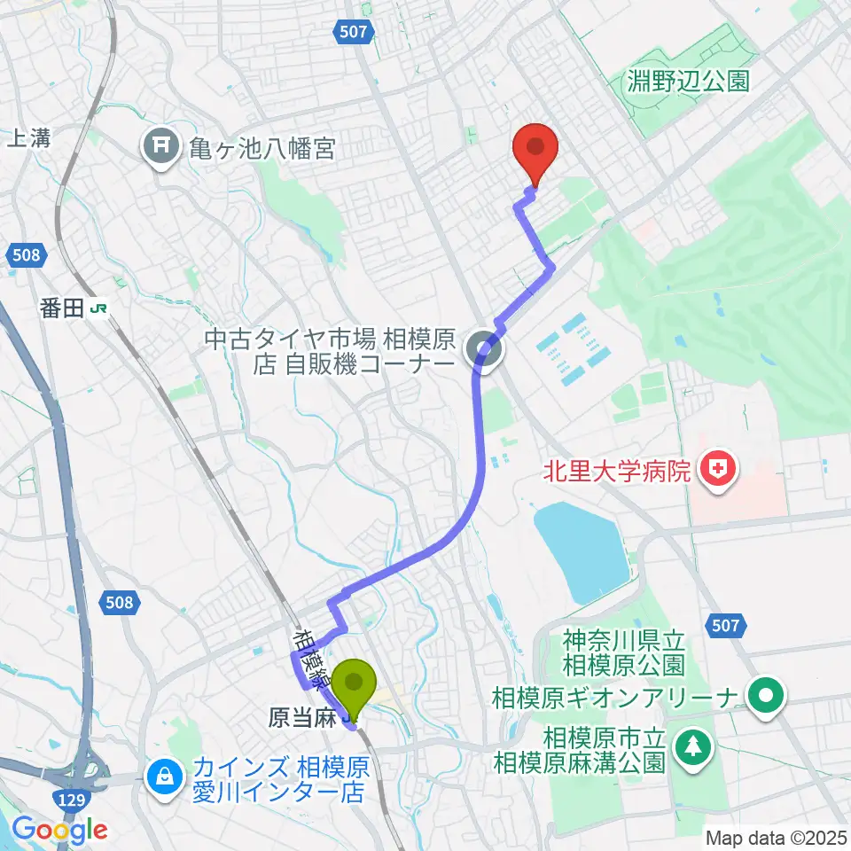 原当麻駅からあらうみ音楽教室へのルートマップ地図