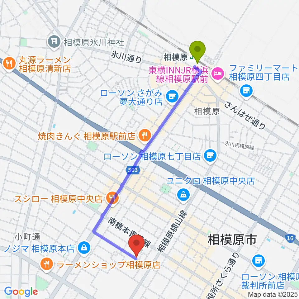 ますみ・おんがく・きょうしつの最寄駅相模原駅からの徒歩ルート（約21分）地図