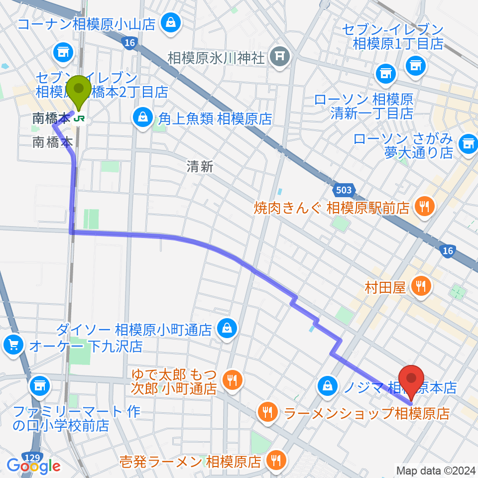 南橋本駅からますみ・おんがく・きょうしつへのルートマップ地図